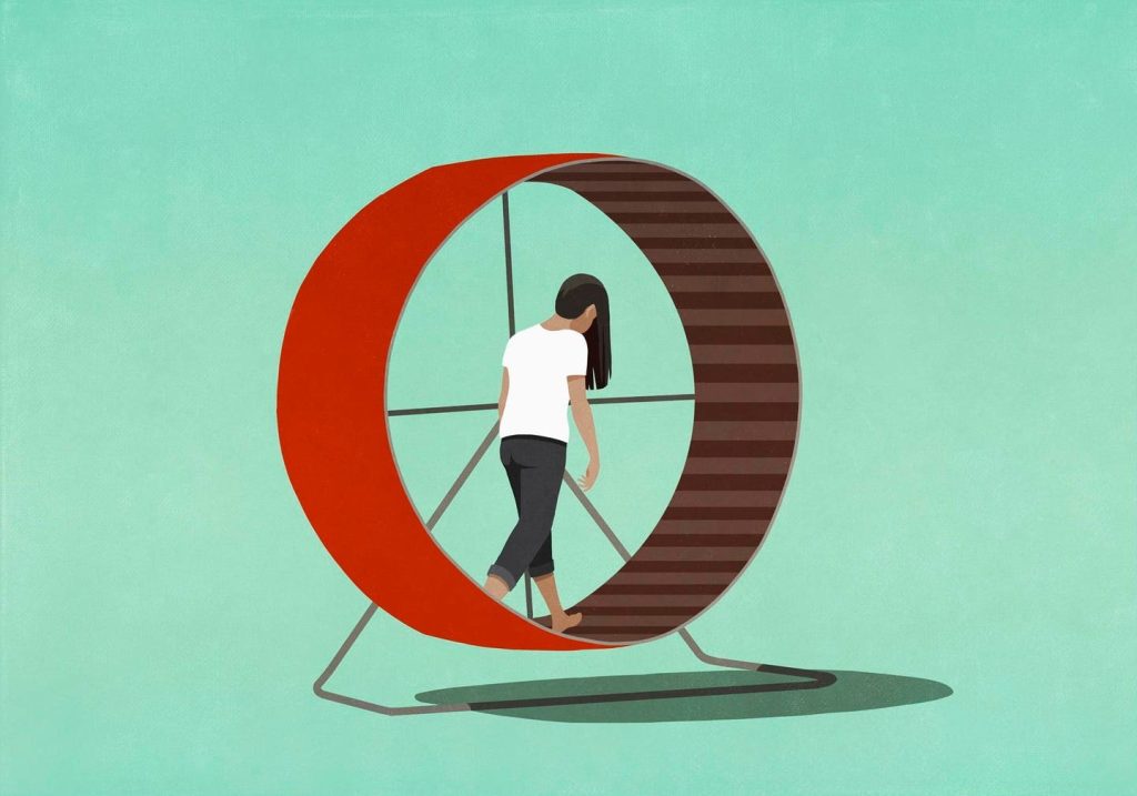 Showing depression with person on hamster wheel