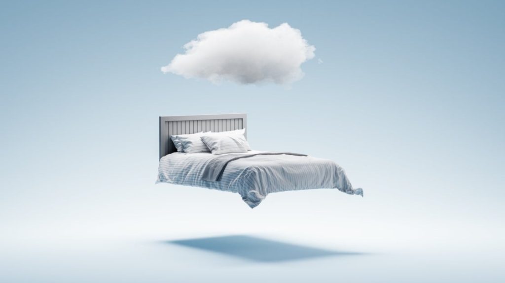 A bed with a cloud over it floating in mid-air